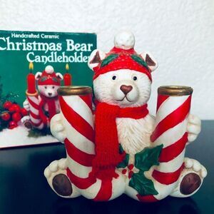 Vintage Christmas Polar Bear Candy Cane Candle Holder Figurine